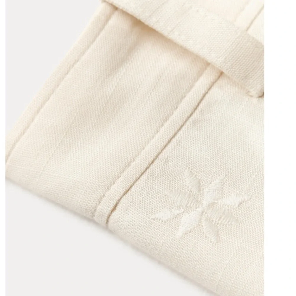 Zara ZW Collection Embroidered Ecru Linen Blend Pants XS